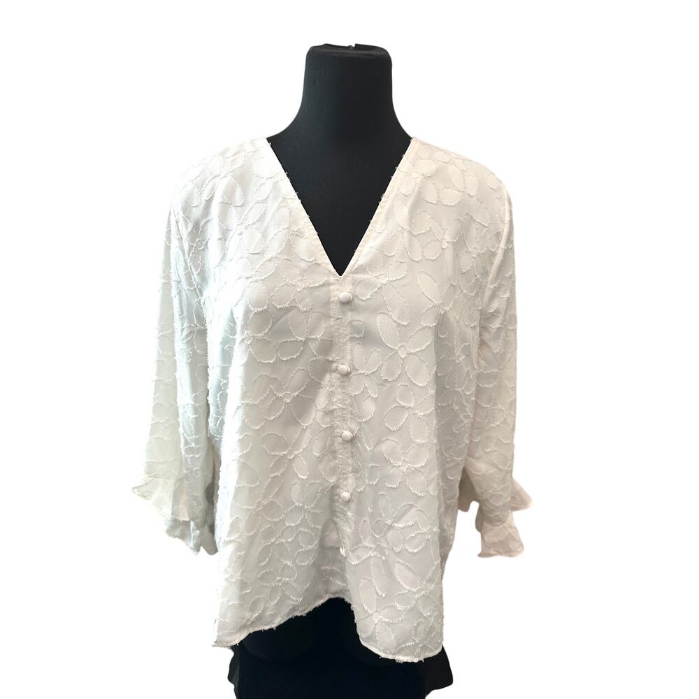 LOFT White Floral Jacquard Bell Sleeve Button Front Blouse Top Feminine XL - Picture 2 of 6